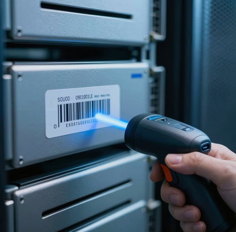 A close-up, clinical macro shot of a technician scanning a barcode on a retired enterprise server rack. Cool blue lighting, sharp technical focus on the barcode label and scanner beam.