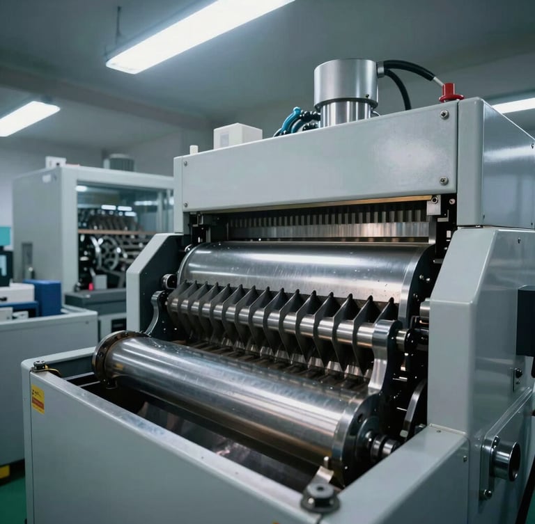 Wide angle clinical shot of an industrial-grade electronics shredding machine in operation, steel teeth visible, cool overhead fluorescent lighting.