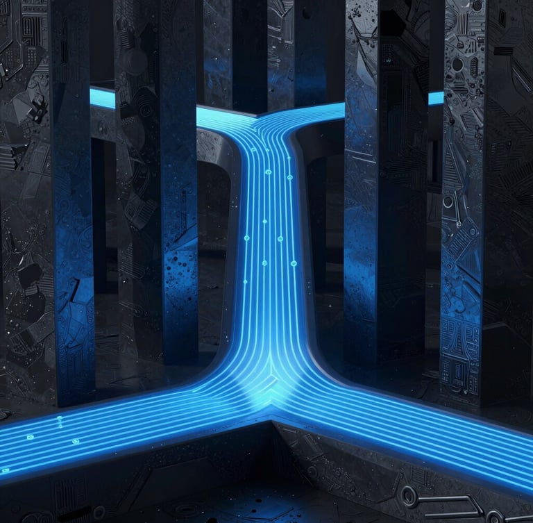 Sleek 3D render of a glowing blue data pipeline flowing through dark obsidian architectural pillars, cinematic studio lighting, octane render.