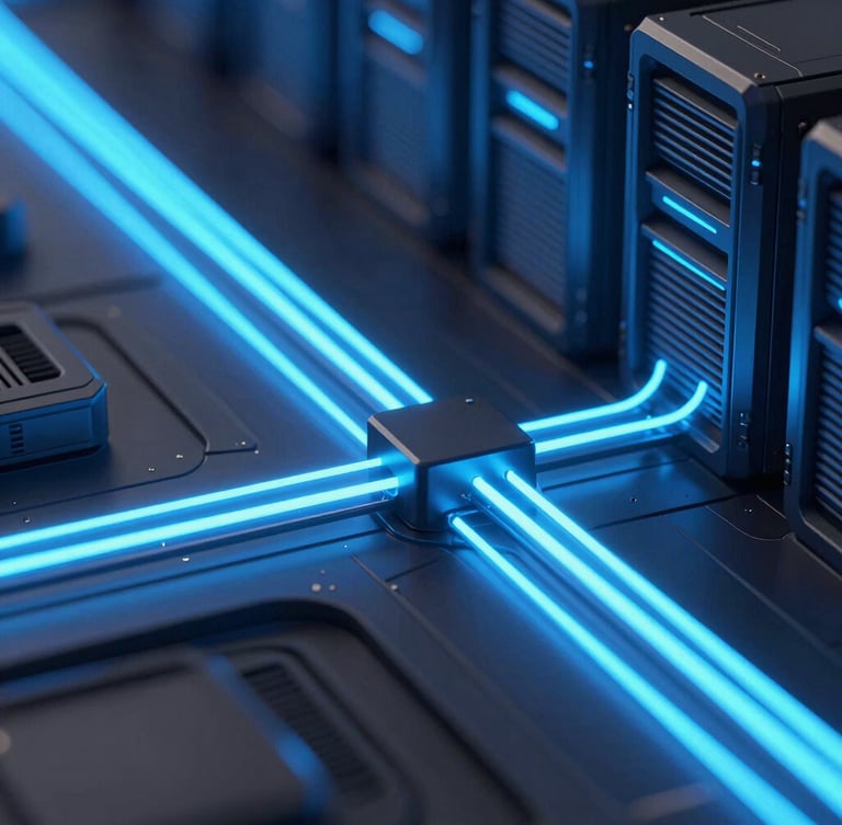 Macro detail shot of glowing neon blue data pipelines traversing dark obsidian server architecture, sleek 3d render, octane render, cinematic lighting