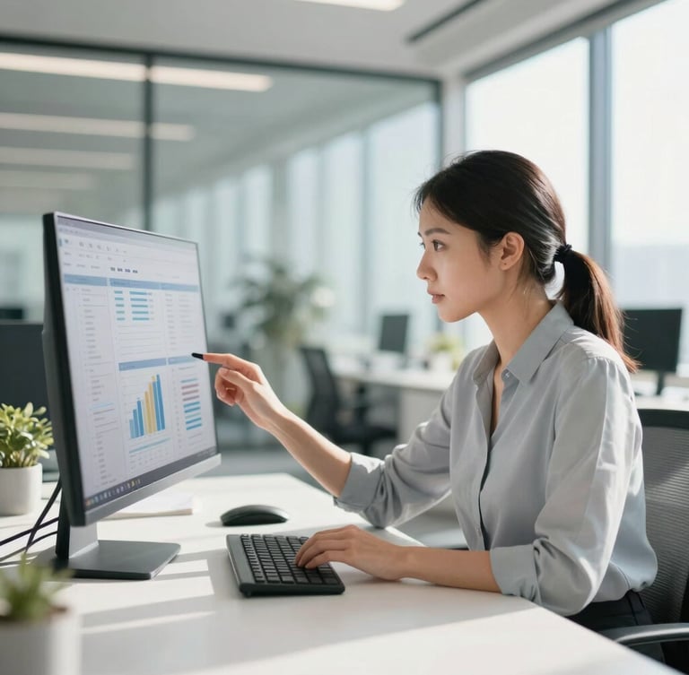 Candid medium-wide shot of a focused female executive analyzing data on a clean digital interface in a sunlit, contemporary architectural office, soft natural shadows, shallow depth of field.