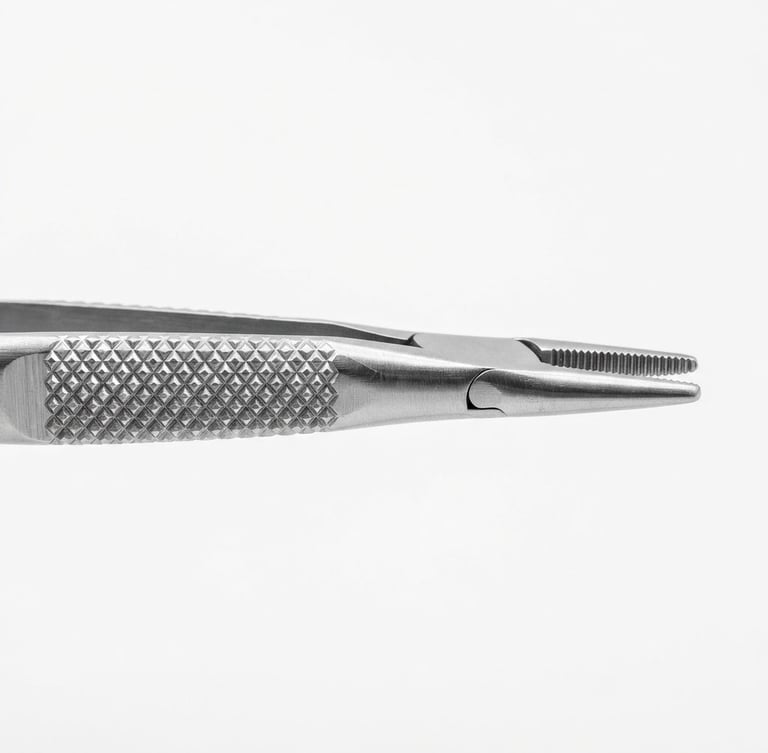 High-key macro photography of a surgical forceps tip, crisp studio light, seamless clinical white backdrop, sharp focus on knurled grip