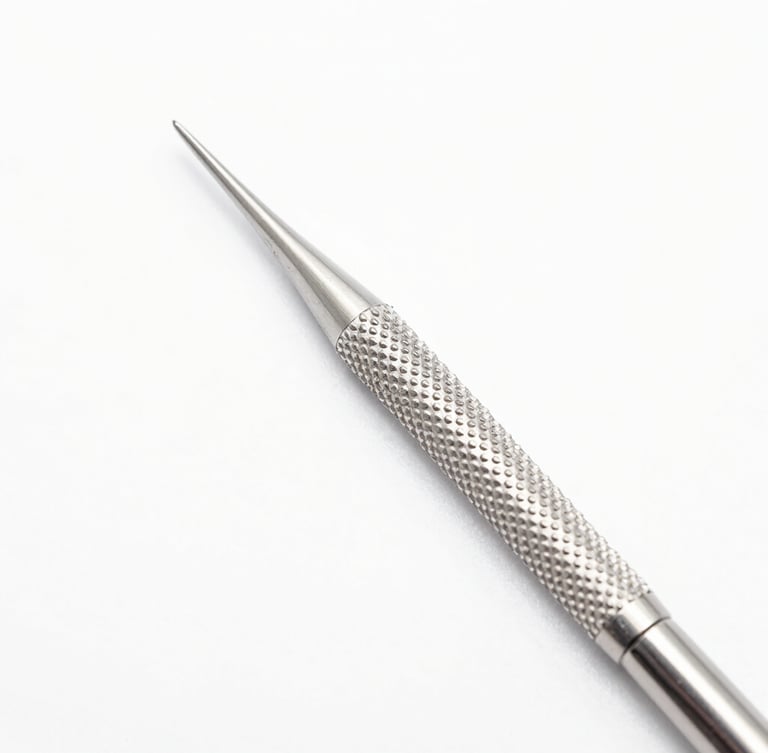 Macro photography of a knurled dental scaler grip on a seamless clinical white backdrop, bright high-key lighting, crisp studio light, sharp focus on steel texture.