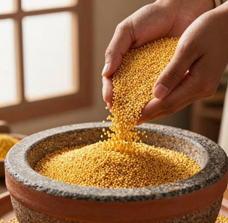 Hands gently pouring millet grains into a traditional stone grinder, warm morning light, focus on the texture of the grains, rich terracotta and turmeric tones.