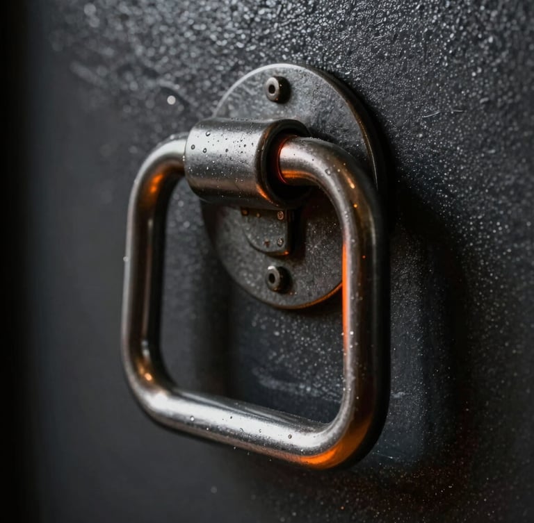 Dramatic high-contrast photo of a heavy steel safe handle, macro detail, dark background, safety orange glow on the edge.