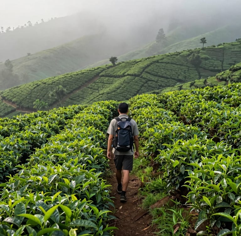 Lush green tea plantation in Malang highlands, soft morning mist, a single traveler walking along the path with back to the camera, vertical portrait composition
