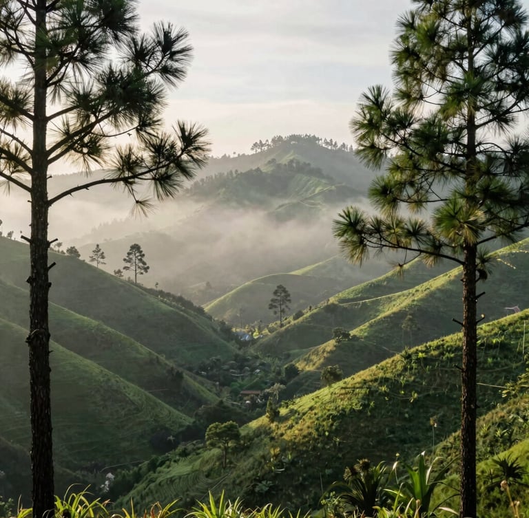 Mist rising over the lush green valleys of Malang highlands, soft morning light filtering through ancient pine trees, serene and quiet atmosphere.