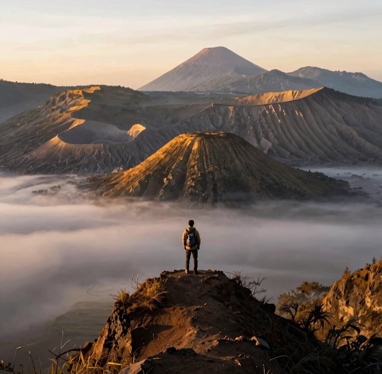 Wide-angle panoramic view of Mount Bromo caldera at sunrise, soft morning mist filling the valley, a single traveler standing quietly on the ridge with back to the camera, warm golden light hitting the peaks.