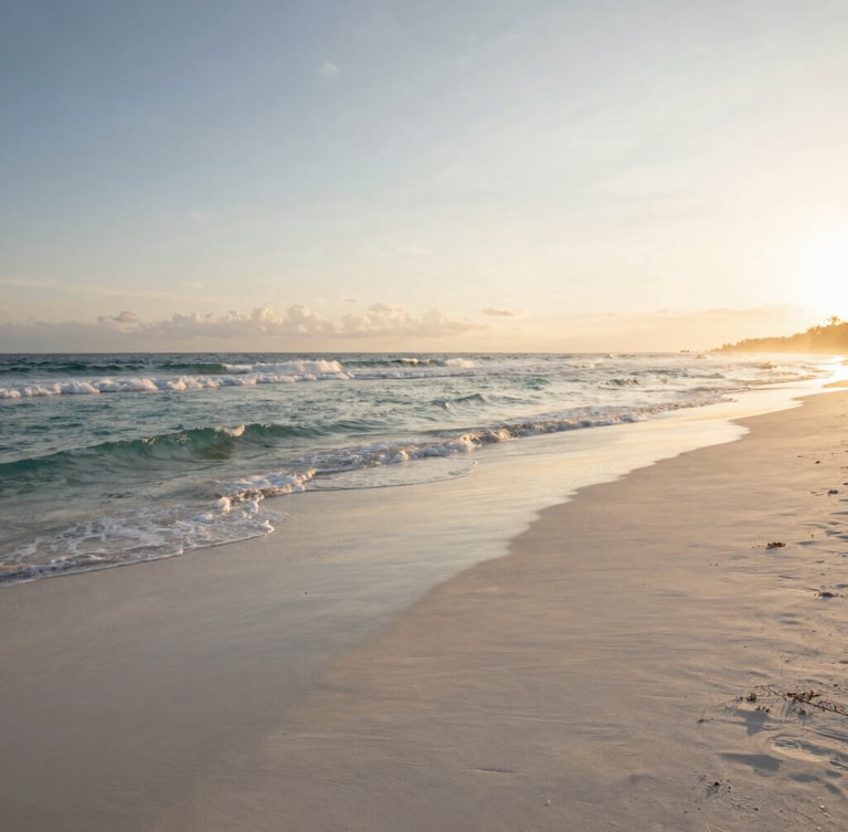 Wide panoramic shot of a secluded white sand beach in Bali during golden hour, gentle waves kissing the shore, soft warm sunlight, no crowds.