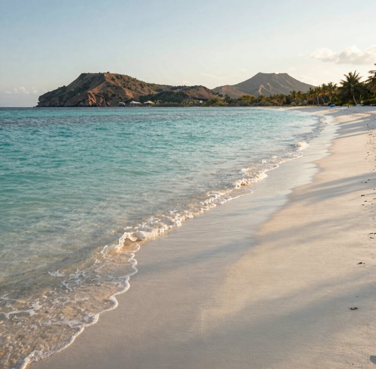 Wide environmental shot of a secluded white sand beach in Lombok, crystal clear turquoise water gently lapping the shore, volcanic hills in the far distance, warm golden hour light