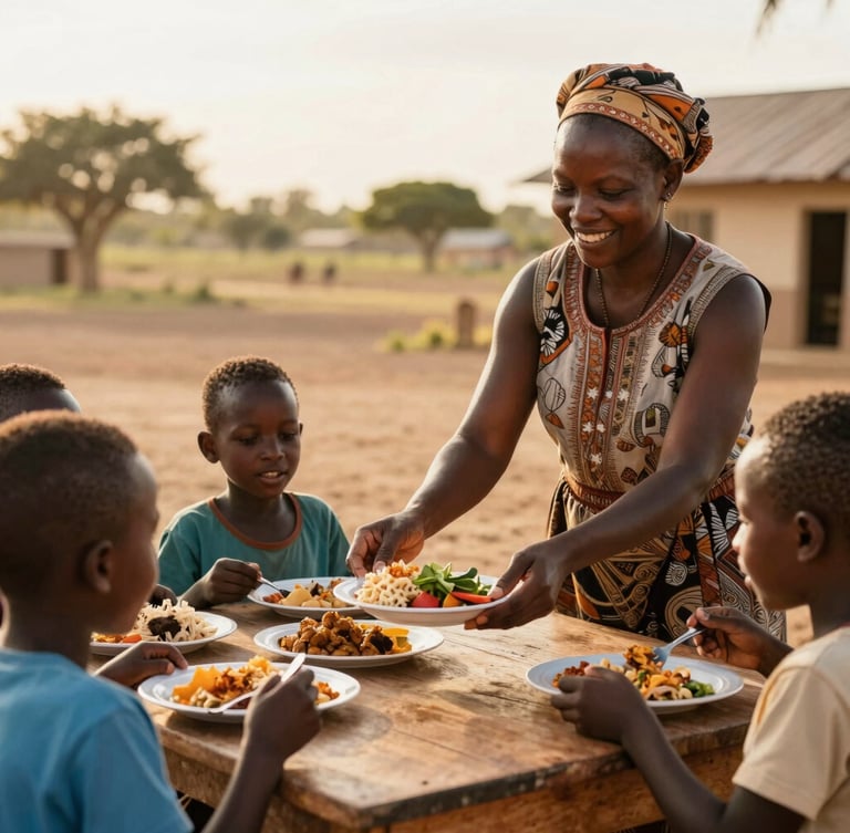 Authentic Mozambican setting, a local caregiver smiling warmly while serving a healthy meal to children at a wooden table, soft golden hour light