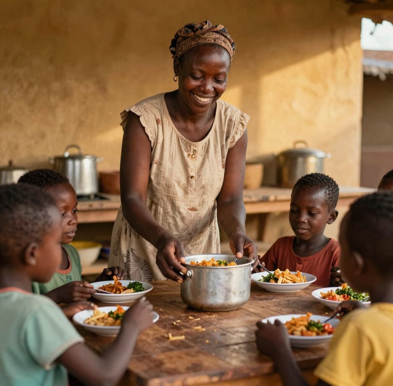 A local Mozambican caregiver smiling while serving a hot meal to children at a wooden table, warm golden light, authentic kitchen setting, 35mm lens