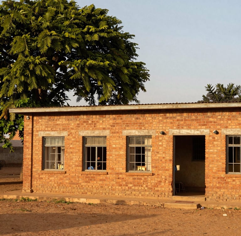 Warm editorial photography of a simple, clean brick orphanage building in Manica under golden hour light, lush green trees around