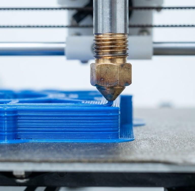 Macro close-up of a high-precision 3D printer nozzle extruding a blue technical polymer layer by layer, sharp focus on the crisp layer lines, cool studio lighting, clean white workshop background