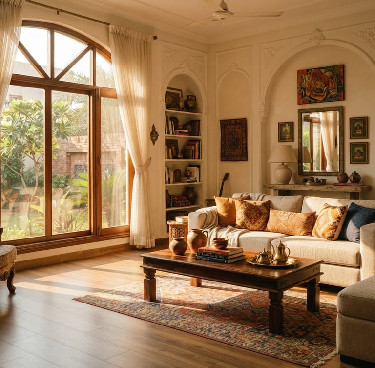 Warm editorial interior photography of a sun-drenched Karachi villa living room, golden-hour window light casting soft shadows on premium SPC flooring, 35mm