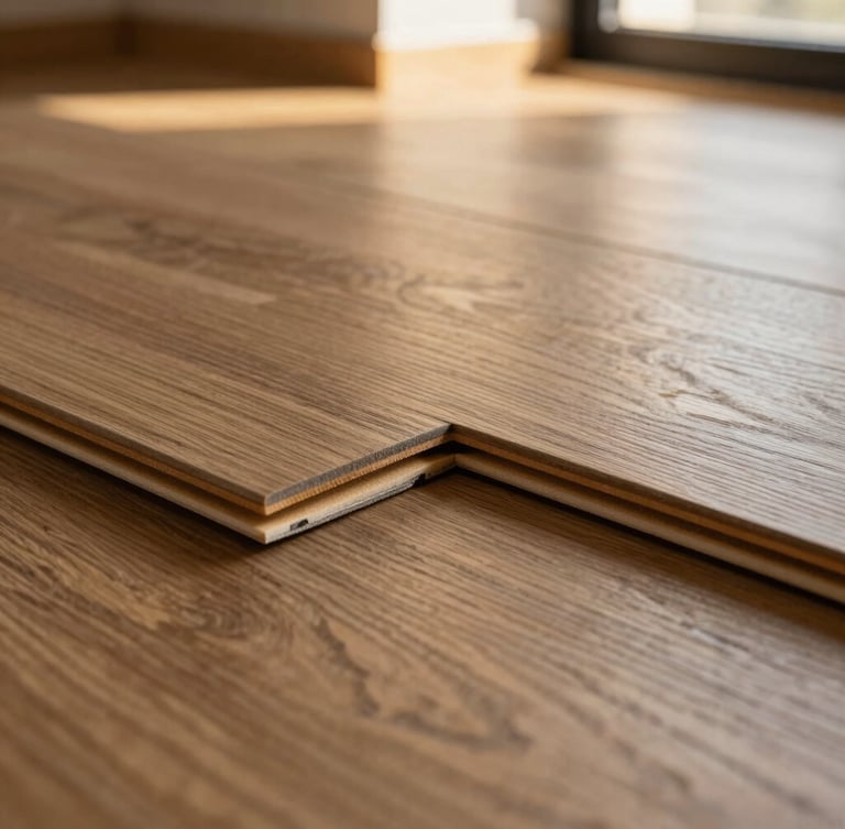 Macro detail shot of premium SPC flooring planks showing the interlocking joint system, rich wood grain texture under soft diffused side light, extreme precision, 35mm