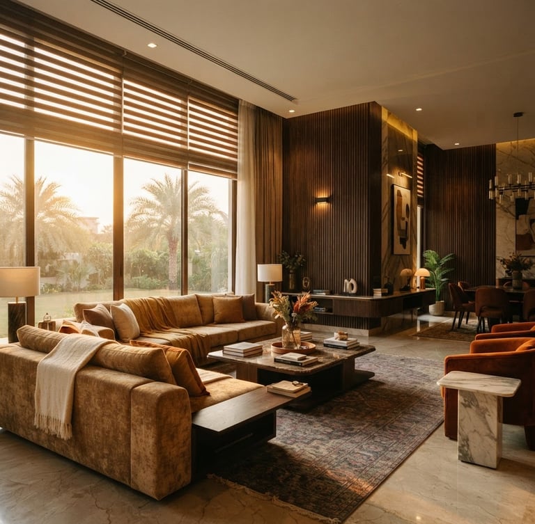 Wide shot of a luxury villa living room in Karachi, golden-hour sunlight filtering through elegant wooden zebra blinds, showcasing rich textures of fluted wall panels, 35mm photography