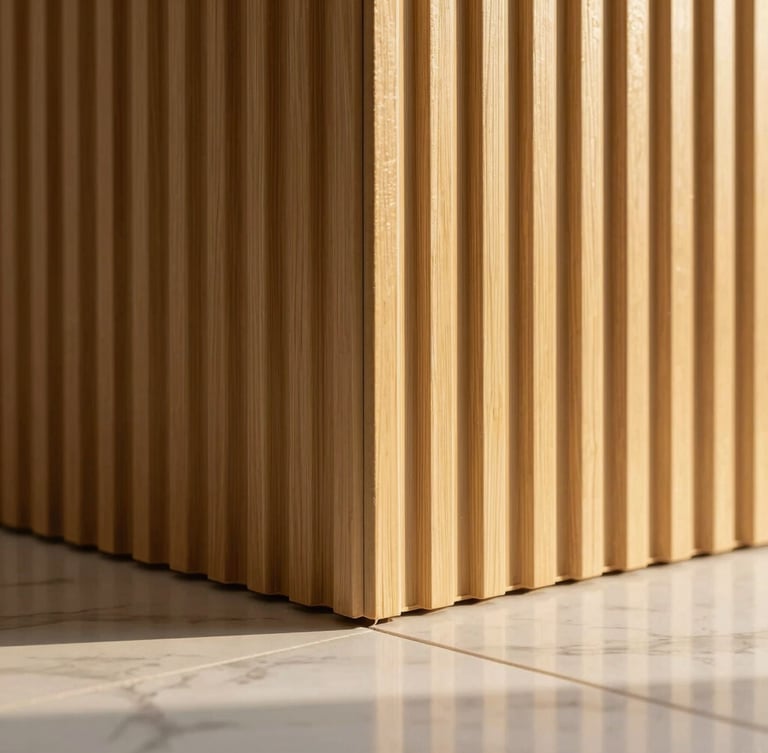 Macro detail shot of a fluted WPC wall panel junction meeting a clean marble floor, warm golden-hour light, highlighting the seamless alignment and premium material texture, 35mm