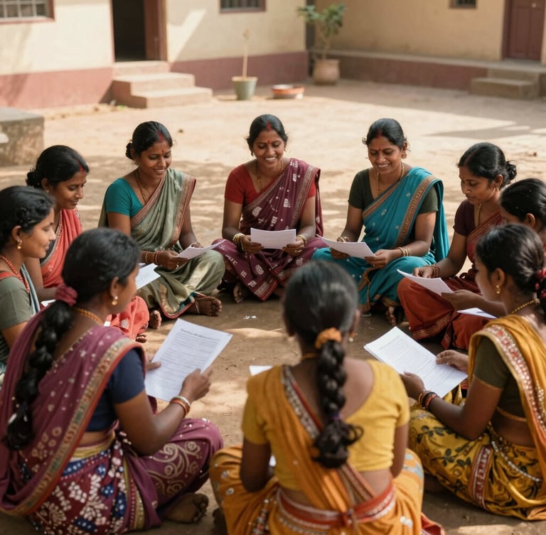 A group of rural Indian women sitting in a circle in a sunlit courtyard, discussing documents, smiling, warm earth tones, documentary style.