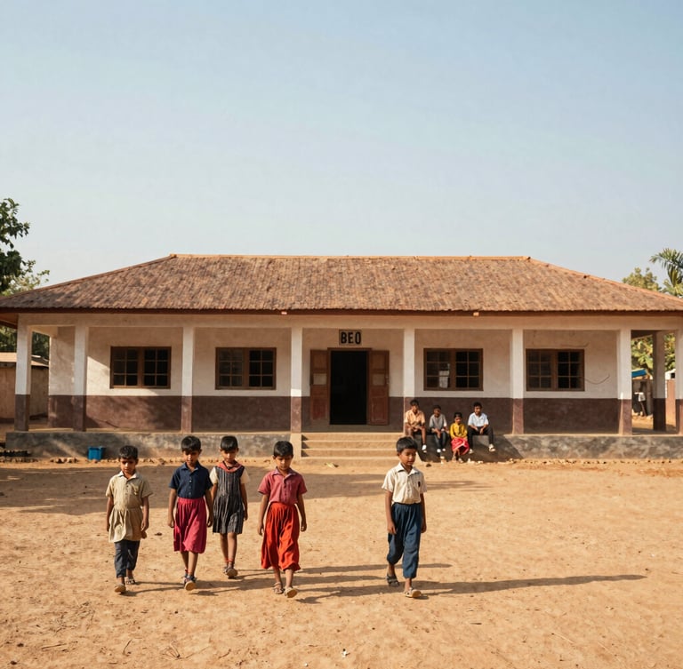 Wide shot of a rural school building in Beed under warm Indian sunlight, children walking in the foreground, documentary style