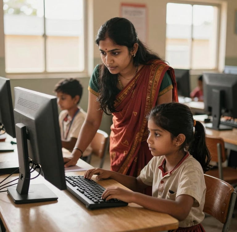 A local woman instructor guiding a young student at a computer terminal in a bright rural classroom, natural sunlight, warm earth tones