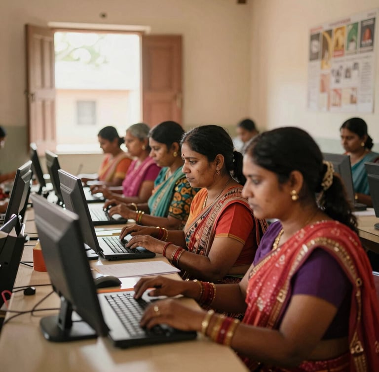 A group of rural women participating in a vocational computer literacy workshop in Beed, natural indoor light, documentary style