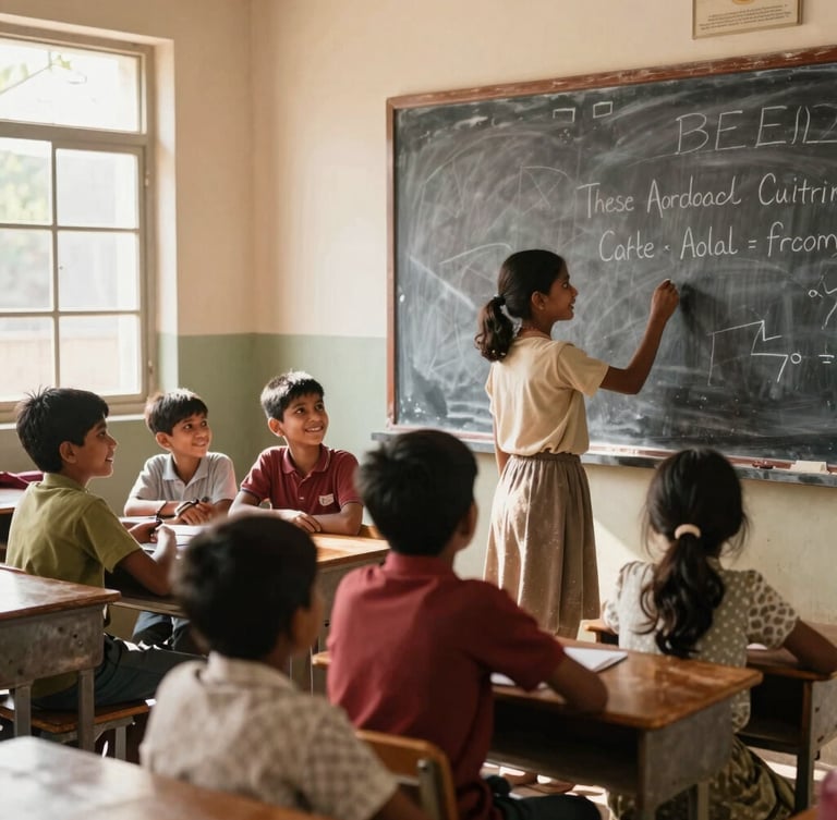 Medium shot of a classroom in Beed with natural Indian sunlight streaming through windows, children smiling and looking at a blackboard, warm editorial style