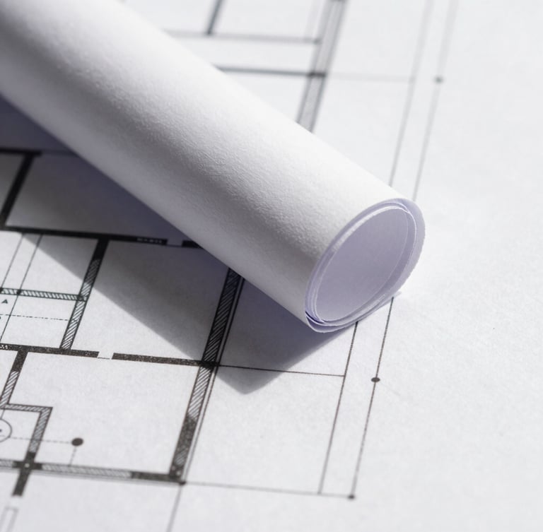 Macro detail of architectural blueprint with sharp geometric shadows, direct high-key sunlight, clean lines