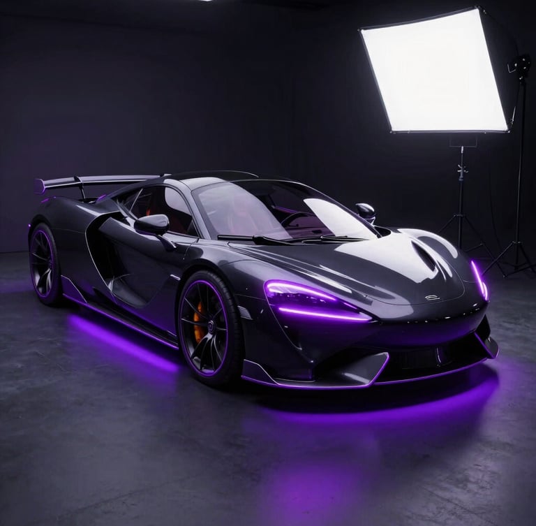 Sleek futuristic sports car in a dark studio setting, glowing purple neon underlighting, high-contrast studio strobes, glossy obsidian body, 3D octane render style.