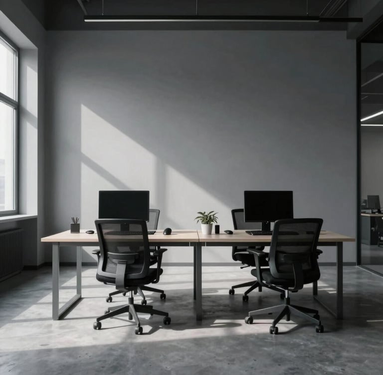Wide, perfectly centered architectural composition of a modern workspace, cool diffused studio light, sharp defined shadows, monochromatic cool gray tones.