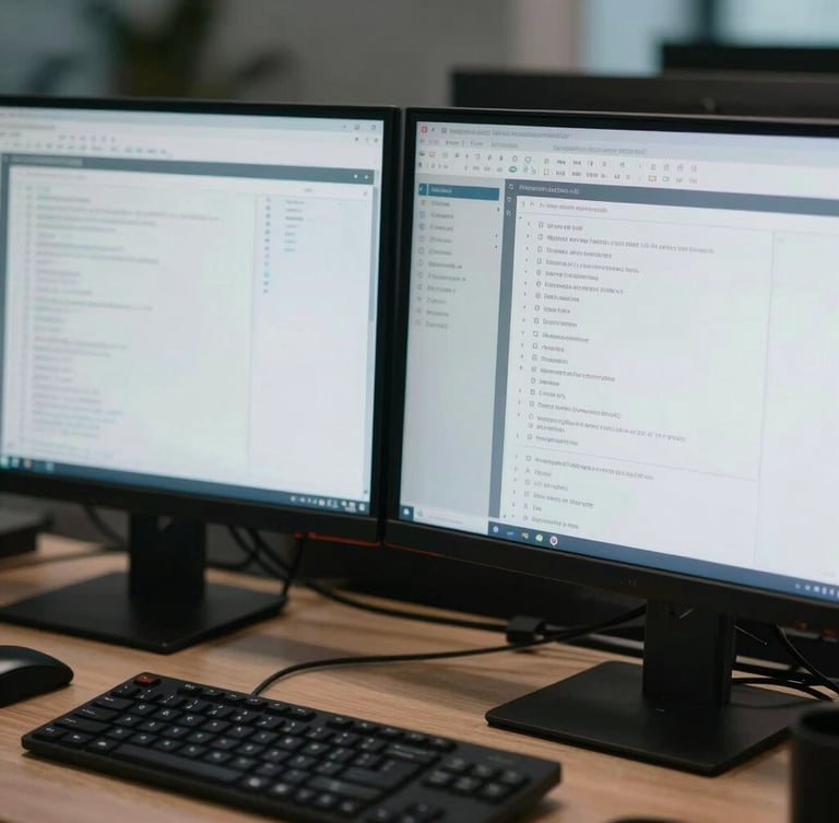 Medium close-up of a high-end secure dual-monitor setup displaying clean data dashboards, daylight-balanced cool lighting, sharp focus, technical precision