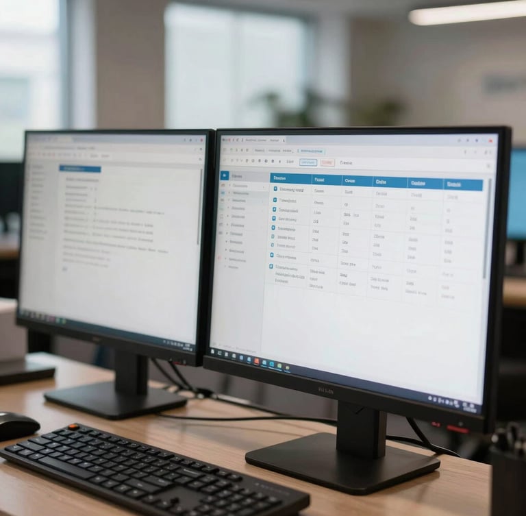 Medium close-up of secure, high-end dual monitors showing clean compliance dashboards in a daylight-balanced professional office environment.