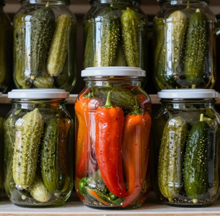 Straight-on eye-level portrait shot of traditional glass pickle jars filled with colorful peppers and cucumbers, soft natural pantry light reflecting off the glass, deep military green and white tones, rich textures