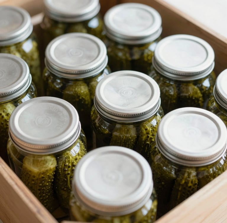 Overhead macro shot of tightly sealed glass pickle jars packed neatly in a structured wooden crate, soft diffused daylight, rich textures of glass and wood