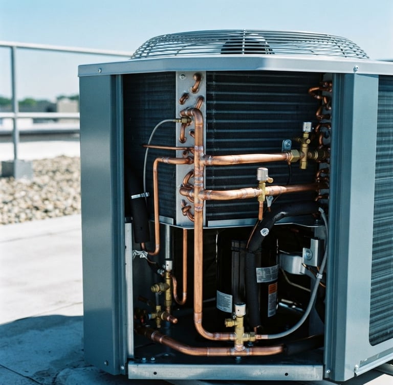 Pristine commercial condenser unit with clean copper piping welds, bright daylight, high-contrast mechanical details, cool blue and metallic tones, 35mm photography.
