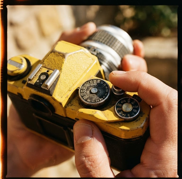 Close-up of the tactile dials of a retro canary yellow analog camera held in hands, uncropped photo with raw film borders, harsh direct sunlight, saturated golden tones