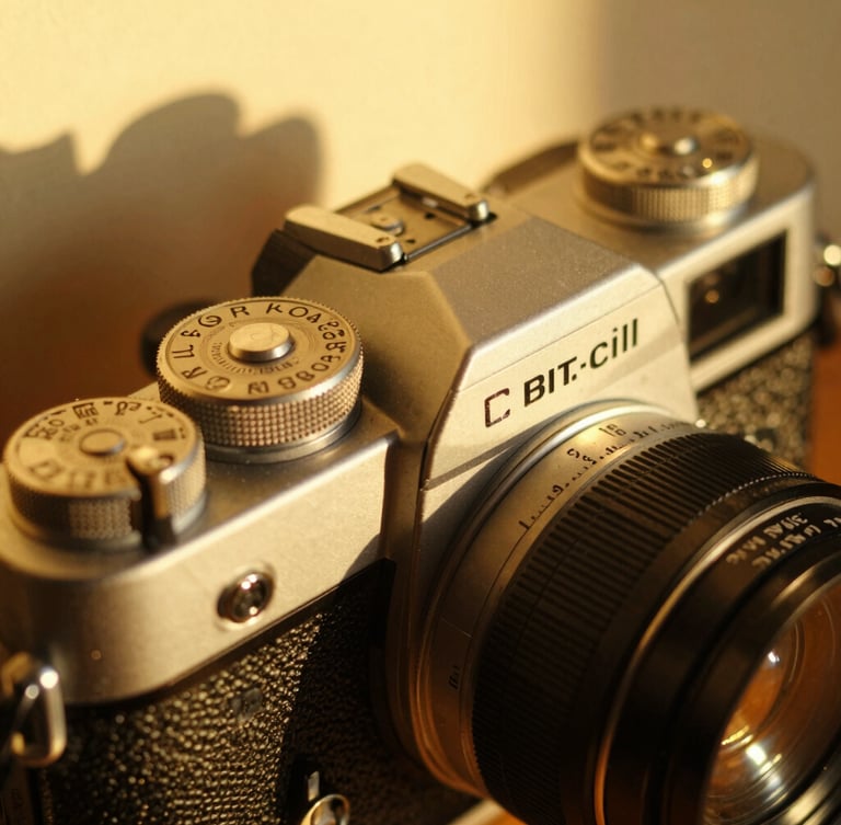 Close-up of the camera's tactile brass dials and fixed 35mm lens, direct golden hour sunlight casting long shadows.