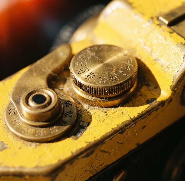Extreme close-up of brass tactile dials on a yellow camera body, harsh direct sunlight, saturated golden tones, dust particles visible, 35mm lens.