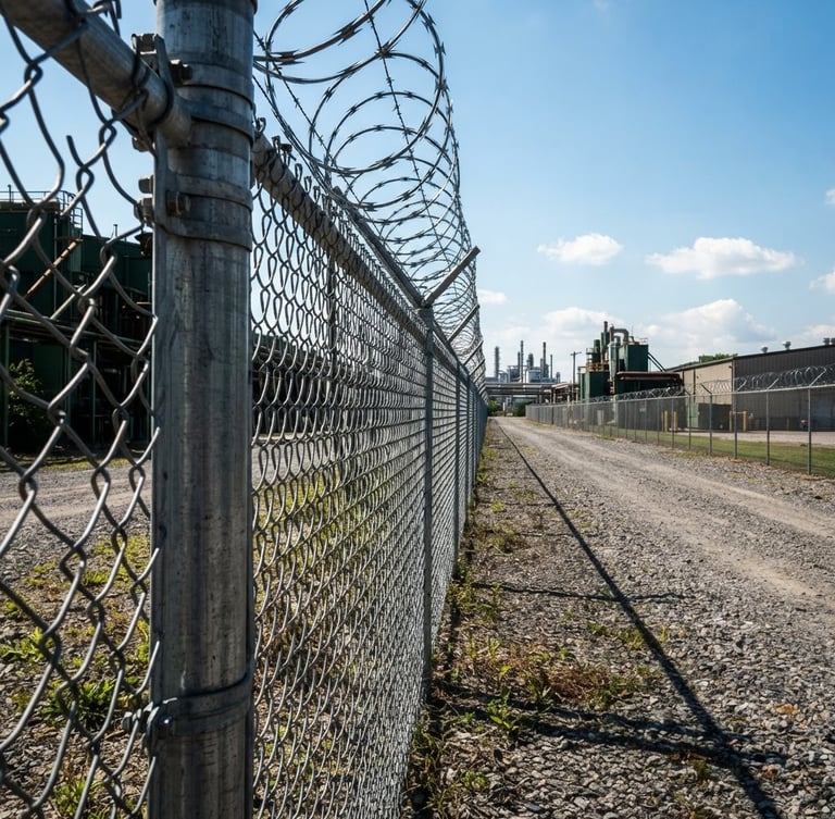 Wide panoramic shot of a heavy-gauge industrial chain link fence stretching into the distance under harsh afternoon sunlight, emphasizing structural rigidity and security, low-angle, sharp focus, metallic textures.