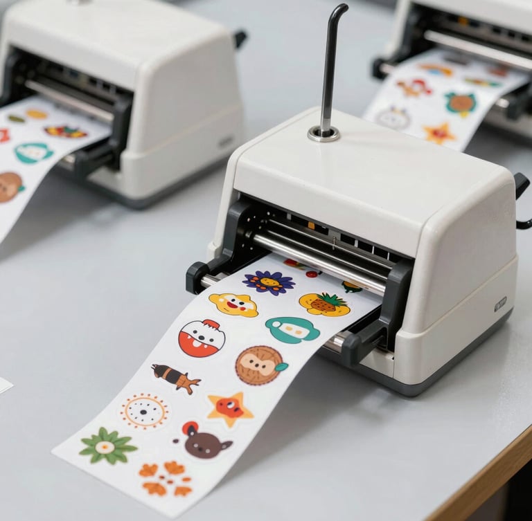 Close-up of a high-precision industrial printing machine in operation, clean and well-lit factory environment, focus on intricate details of the print head, sharp macro details, 50mm lens.