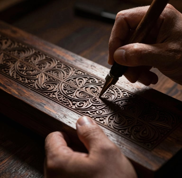Macro details of a master artisan's hands carving intricate patterns into dark textured wood, warm side spotlight casting deep shadows, 50mm lens