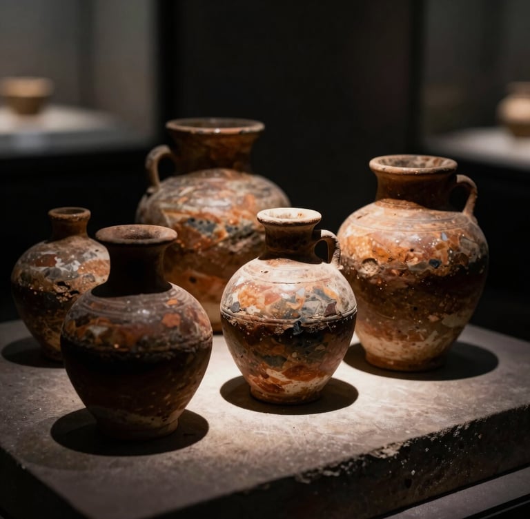 Macro shot of ancient mineral pigments stored in weathered ceramic vessels, side-lit by single-source window light, casting deep shadows on textured stone, 50mm lens.
