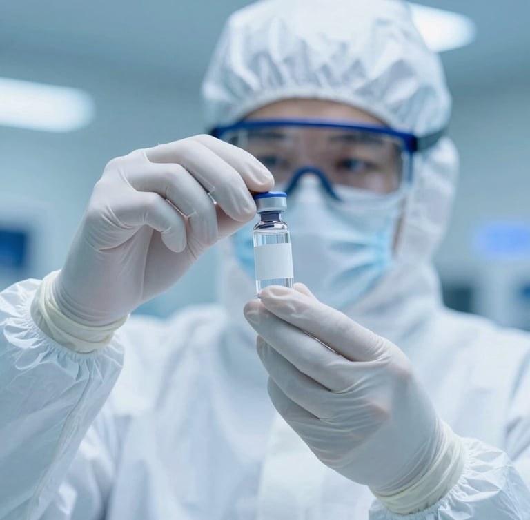 Macro shot of a laboratory technician in a full cleanroom suit inspecting medicine vials under sterile blue light.