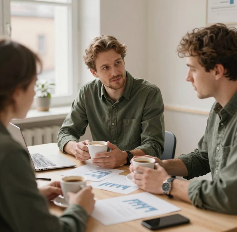Two local business owners discussing financial charts over coffee in a bright Skövde office, soft natural Scandinavian daylight, warm editorial photography, 35mm lens