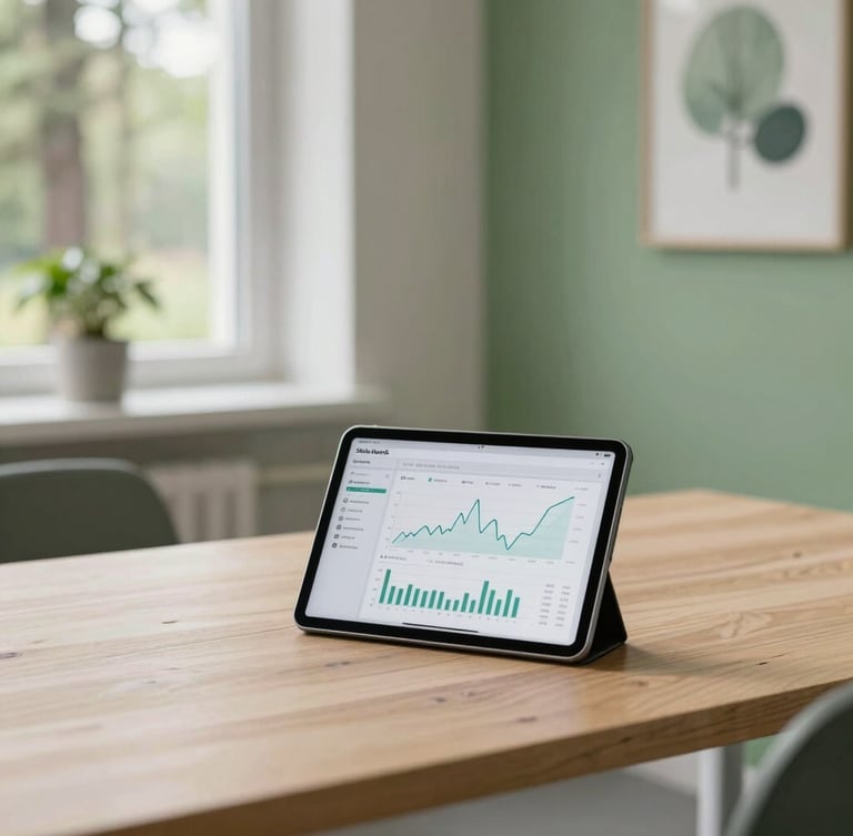 Bright, clean local office interior in Skövde, a modern tablet showing clean financial charts on a light wooden desk, soft Scandinavian daylight, forest green accents, 35mm lens.