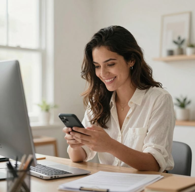 Medium shot of a Colombian independent designer in her bright home office, smiling while checking her phone, warm natural daylight, soft clean tones, 35mm lens