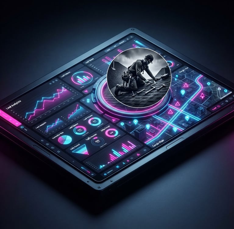 Isometric view of a vibrant digital dashboard showing lead analytics and a Google Maps interface, with neon pink and blue accents. A subtle overlay of a roofing worker on a screen, studio lighting, high contrast.