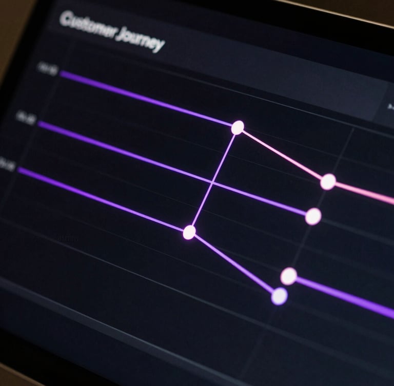 Close-up of a digital screen displaying a customer journey map with conversion points highlighted by neon purple lines, on a dark background with studio lighting.