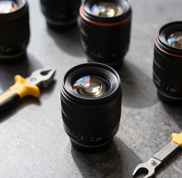 Close-up of organized professional tools on a clean dark surface, sharp architectural daylight, clean high-contrast tones, 35mm lens