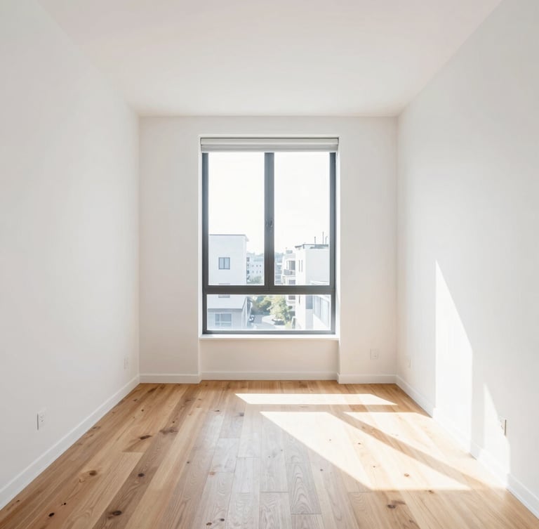 Straight-on architectural shot of a bright, modern apartment interior with fresh white paint, clean hardwood floors, and sunlight streaming through a large window.